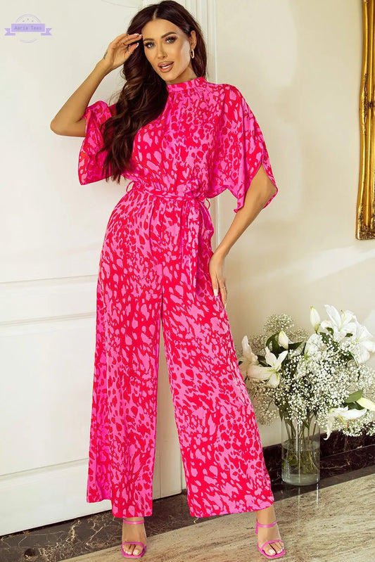 Rose Leopard Loose Sleeve Belted Wide Leg Jumpsuit Aaria Tees