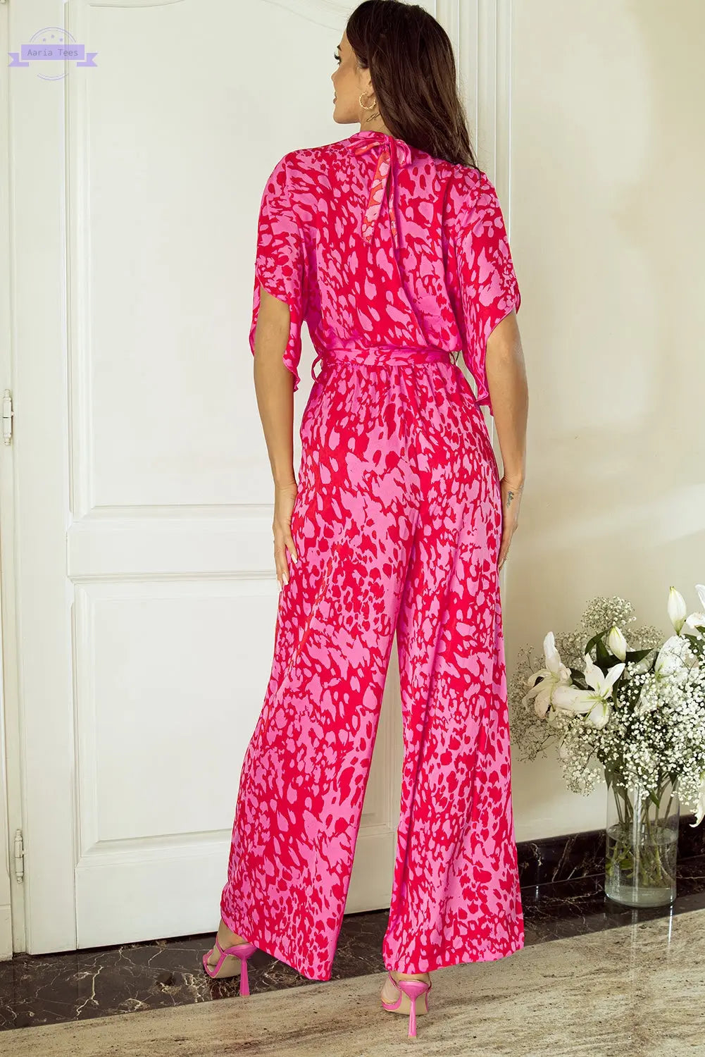 Rose Leopard Loose Sleeve Belted Wide Leg Jumpsuit Aaria Tees
