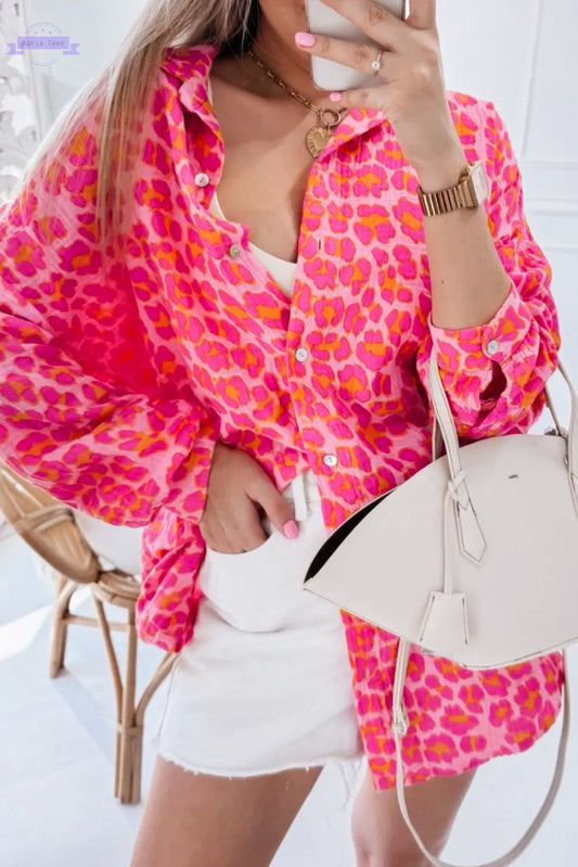 Rose Leopard Printed Button Up Loose Shirt Aaria Tees