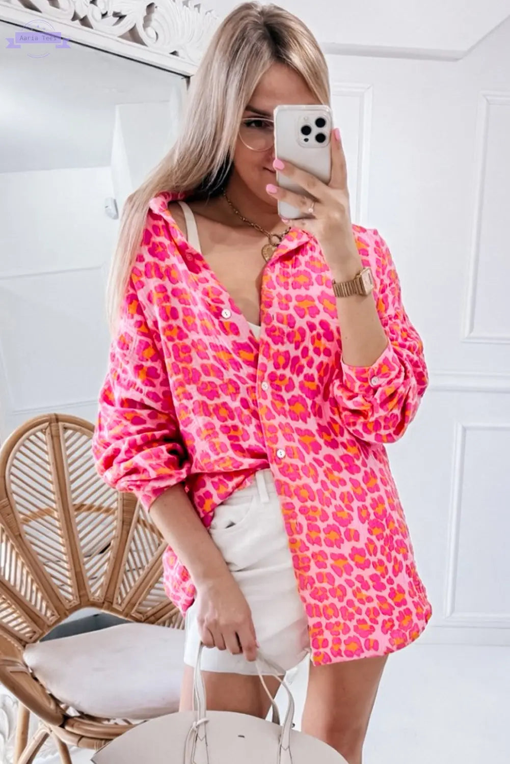 Rose Leopard Printed Button Up Loose Shirt Aaria Tees