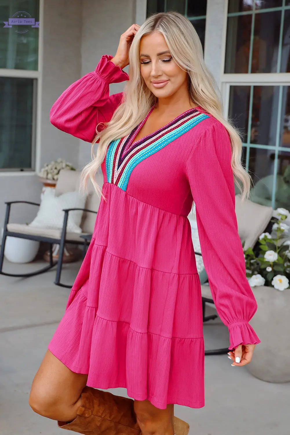 Rose Red Colorful Crochet V Neck Textured Tiered Ruffled Long Sleeve Mini Dress Aaria Tees Aaria Tees