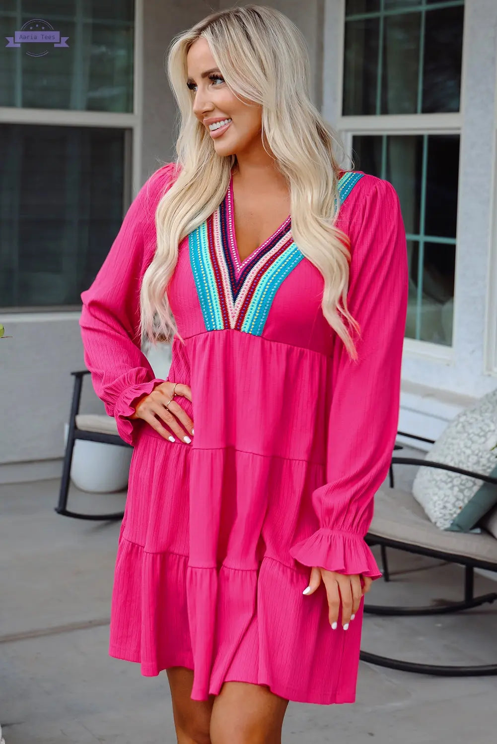 Rose Red Colorful Crochet V Neck Textured Tiered Ruffled Long Sleeve Mini Dress Aaria Tees Aaria Tees