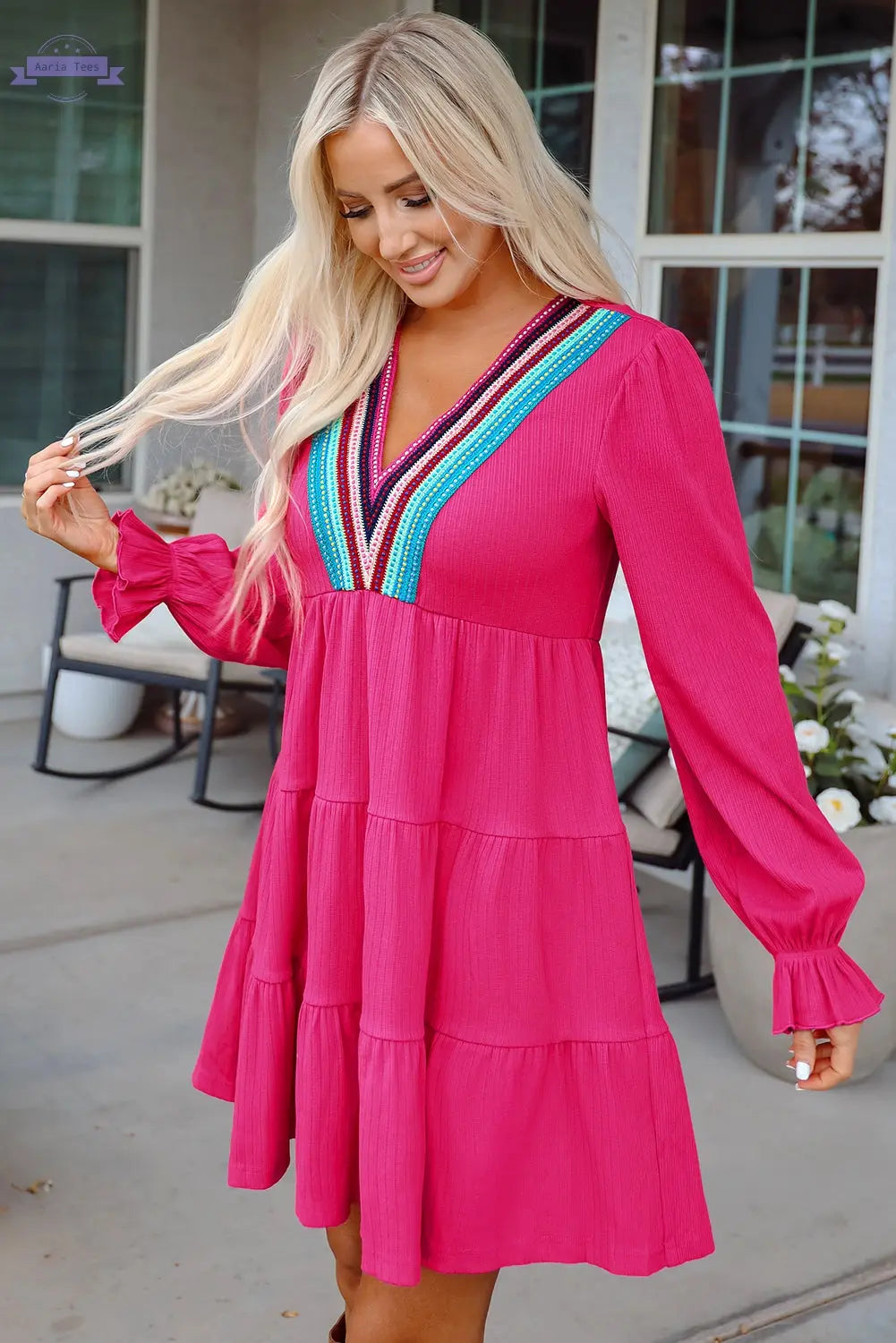 Rose Red Colorful Crochet V Neck Textured Tiered Ruffled Long Sleeve Mini Dress Aaria Tees Aaria Tees