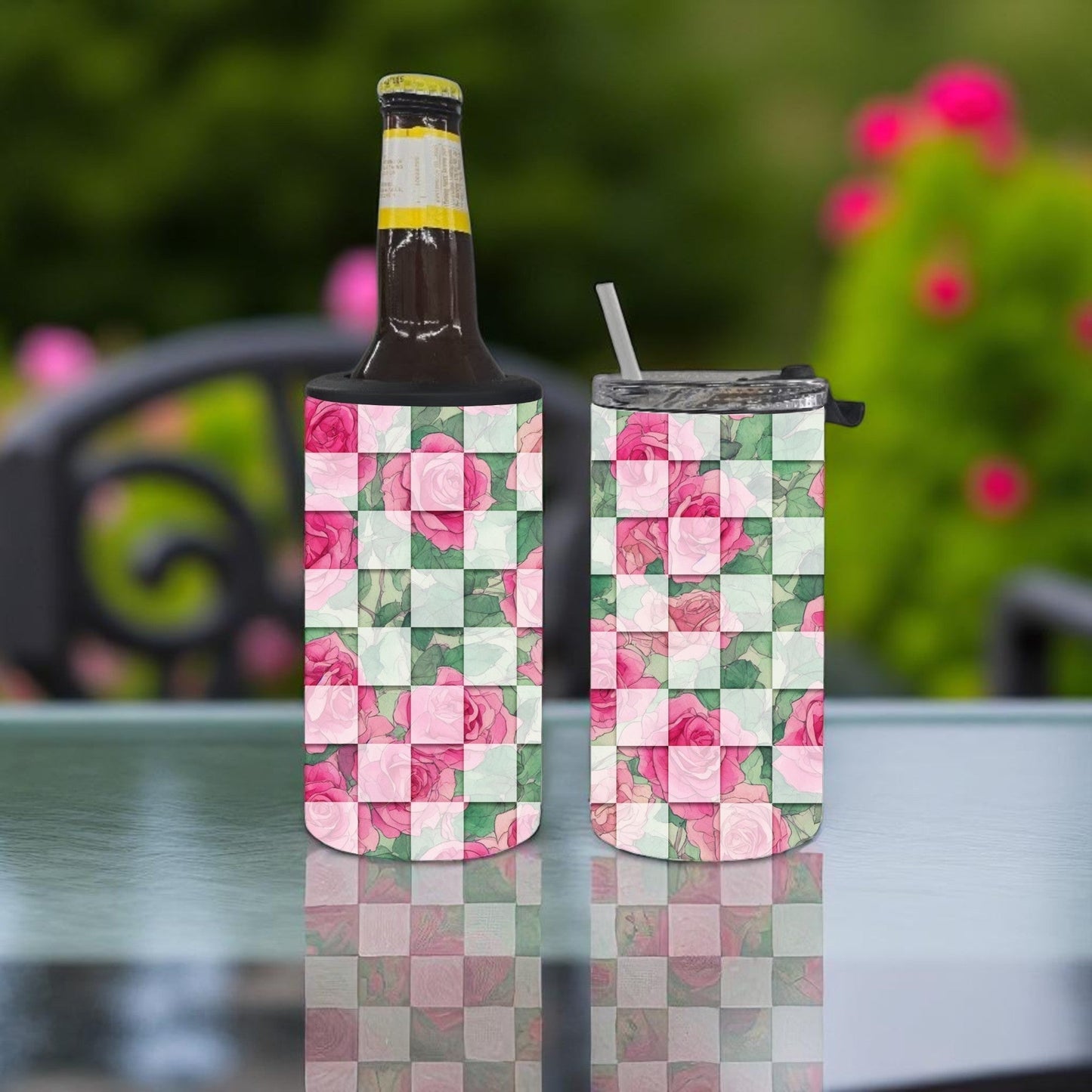 Checkered Rose 4-in-1 Can Cooler Cup