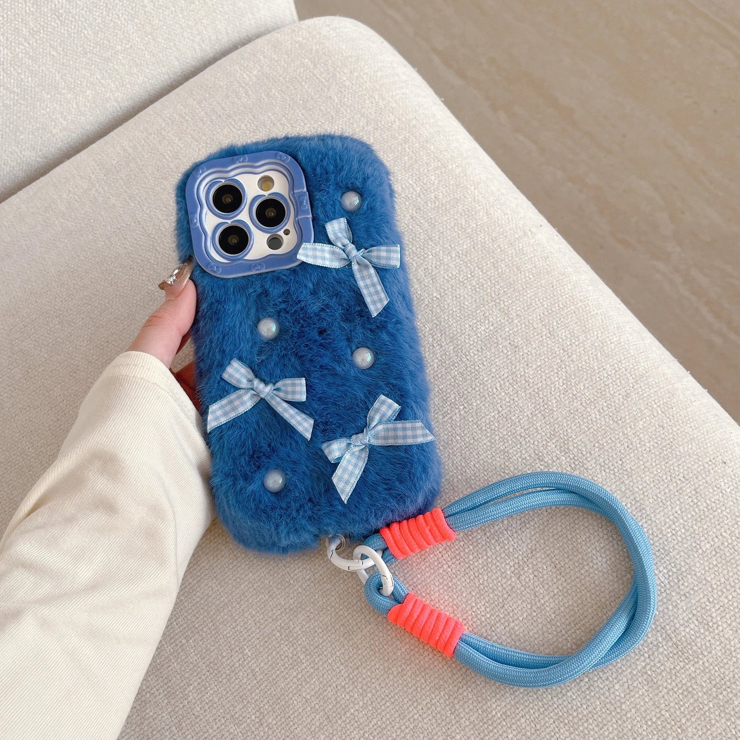 Simple Solid Color Plush Bow Pearl Plush Phone Case