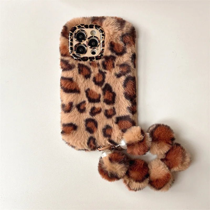 Fashion Leopard Furry Plush Lens Bracket Phone Case For iPhone