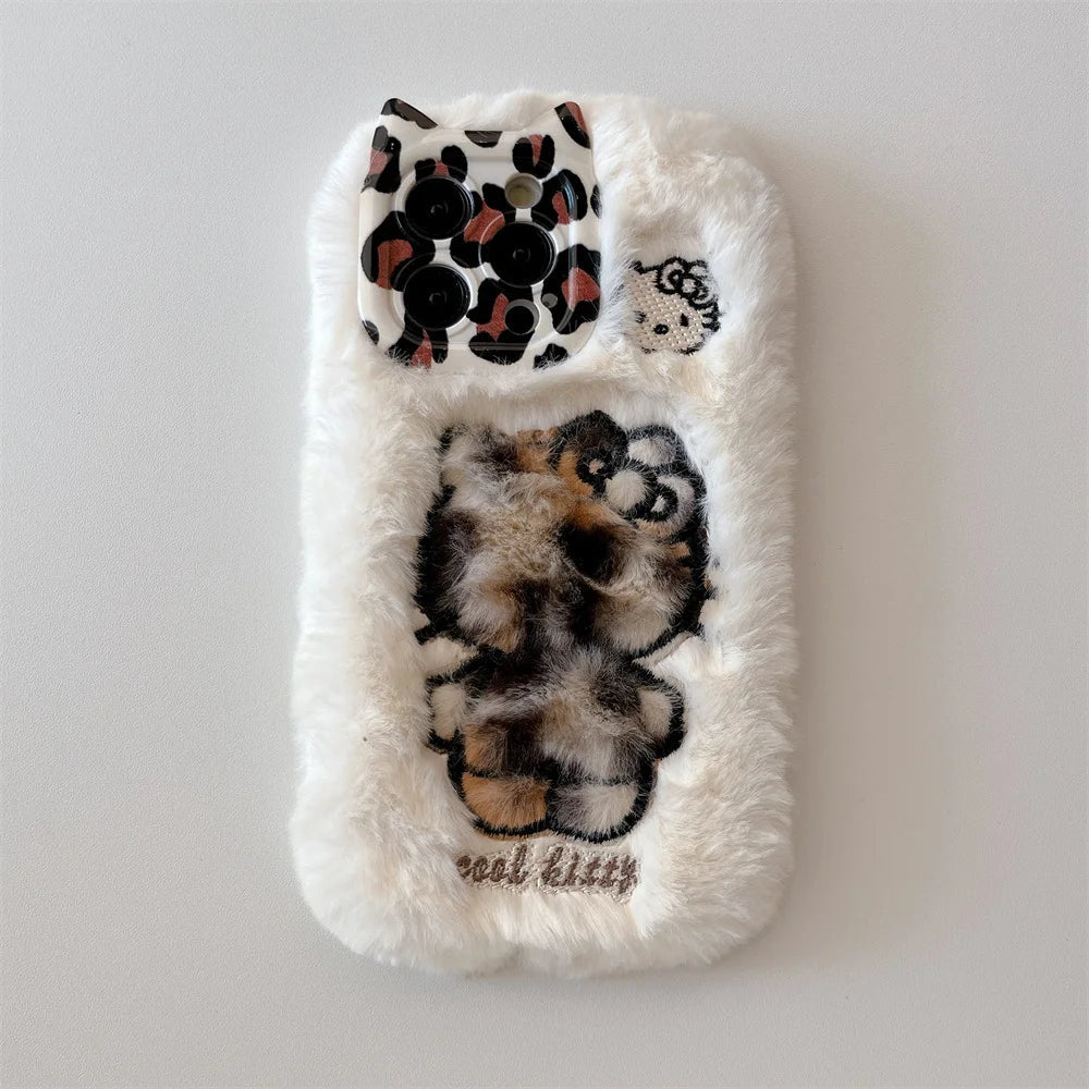 Cartoon Fluffy Hello Kitty Plush Cat Ears Phone Case