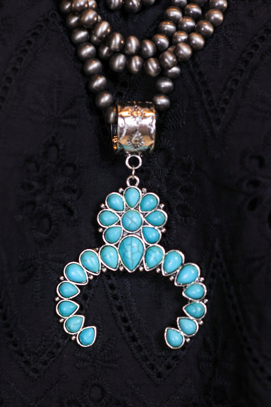 Howdy Partner Turquoise Squash Blossom, Silver