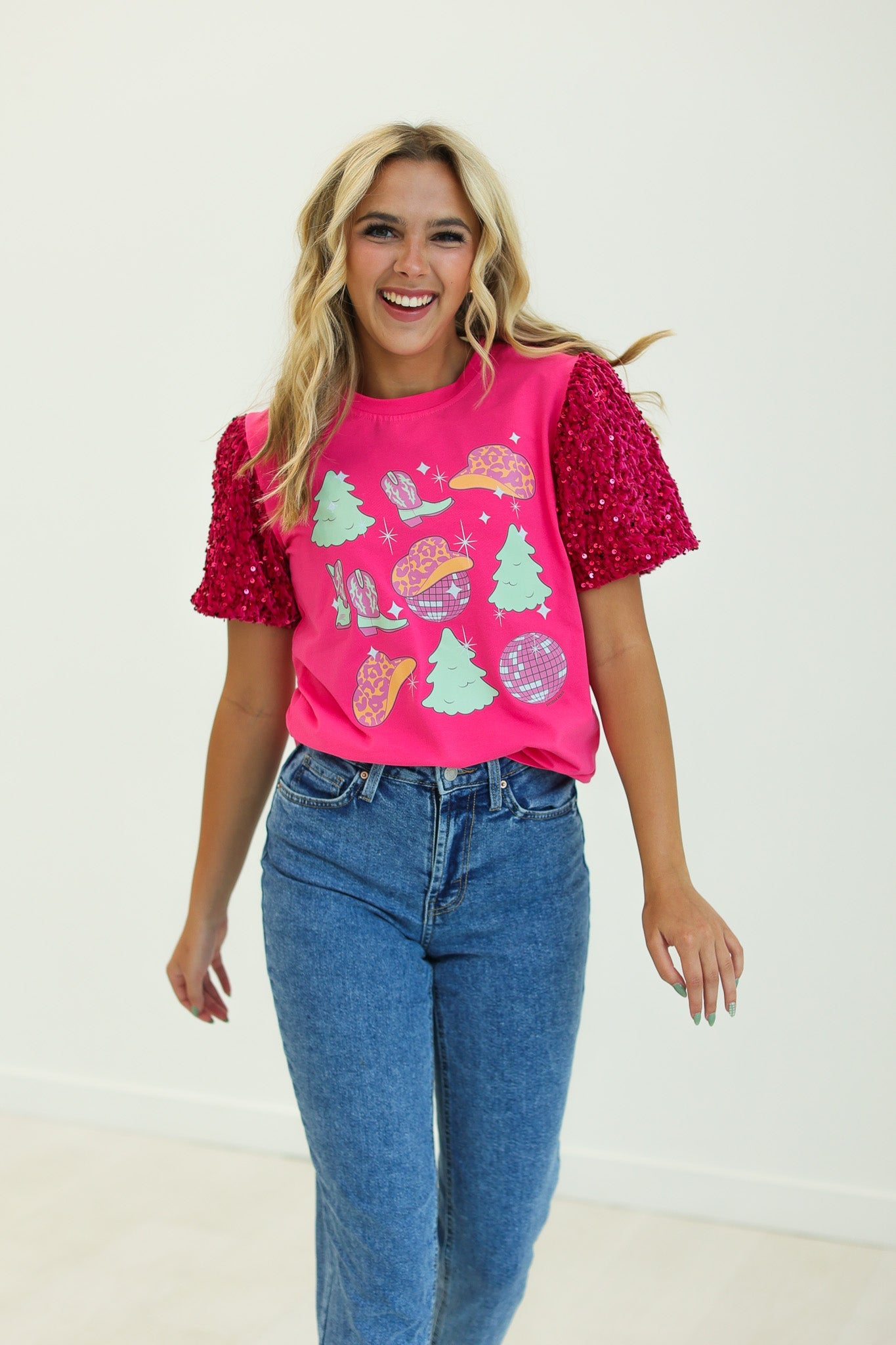 Western Christmas on Princess Top, Fuchsia