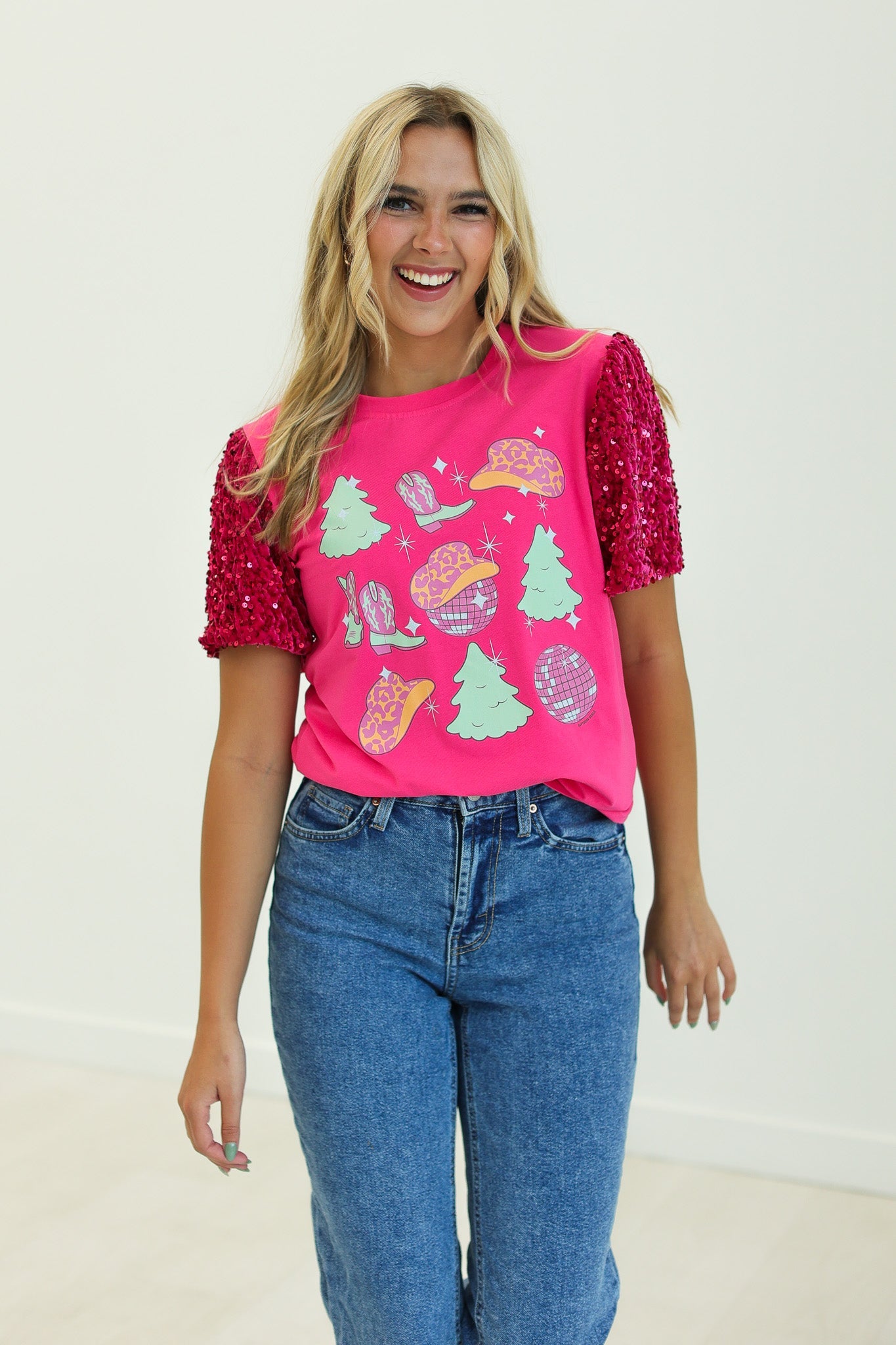 Western Christmas on Princess Top, Fuchsia