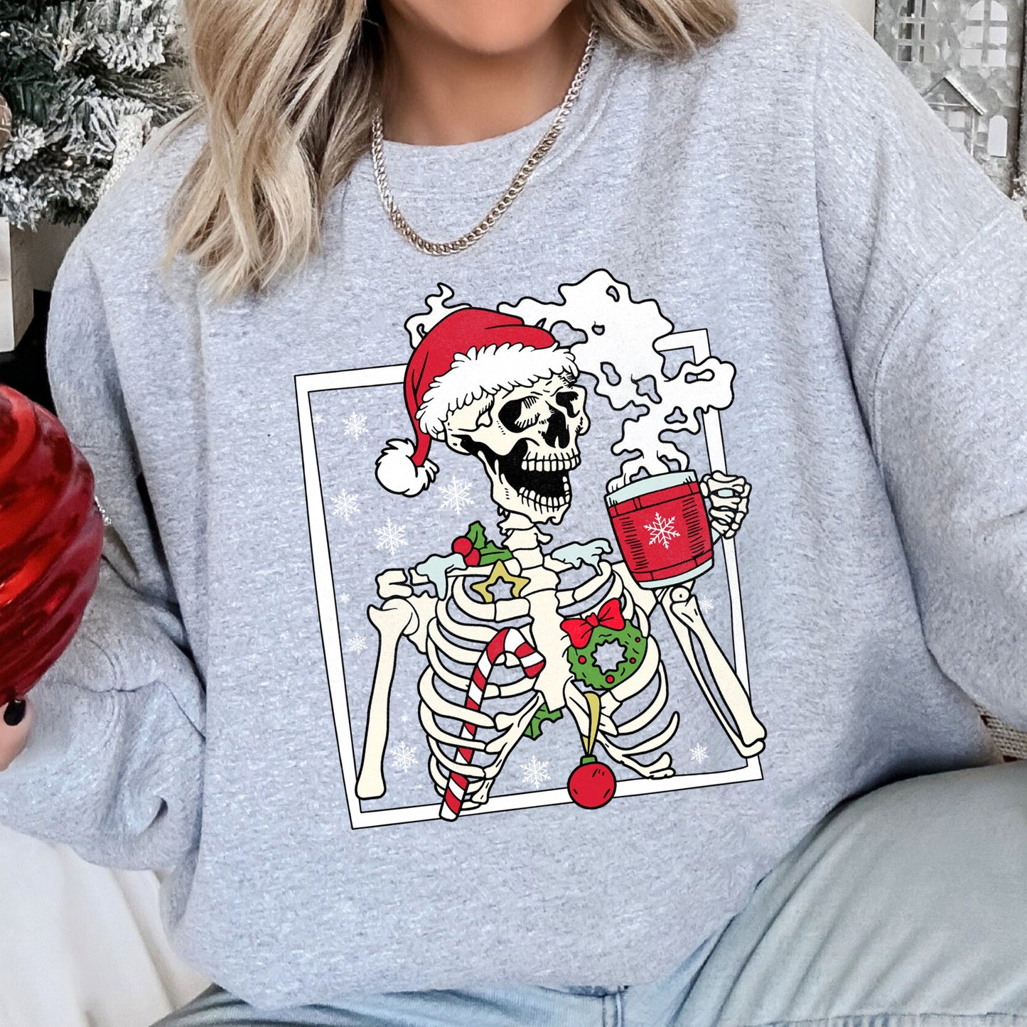 Santa Skeleton Coffee, Retro, Christmas Sweatshirt