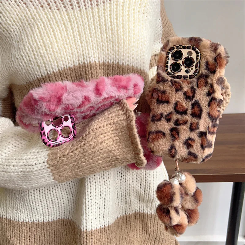 Fashion Leopard Furry Plush Lens Bracket Phone Case For iPhone