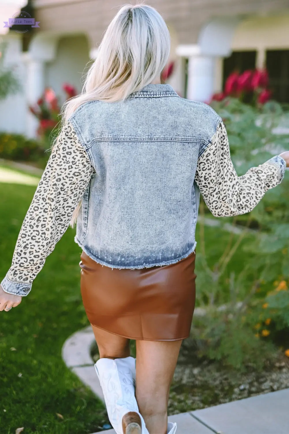Sky Blue Leopard Patchwork Washed Distressed Denim Jacket Aaria Tees