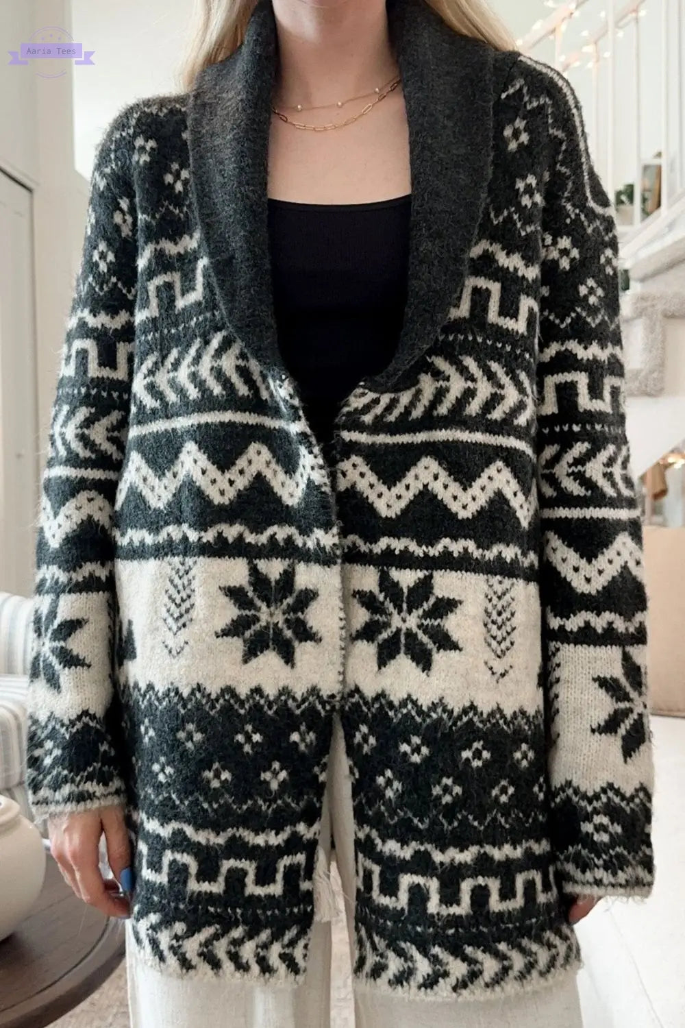 Snowflakes Collared Neck Long Sleeve Cardigan Trendsi