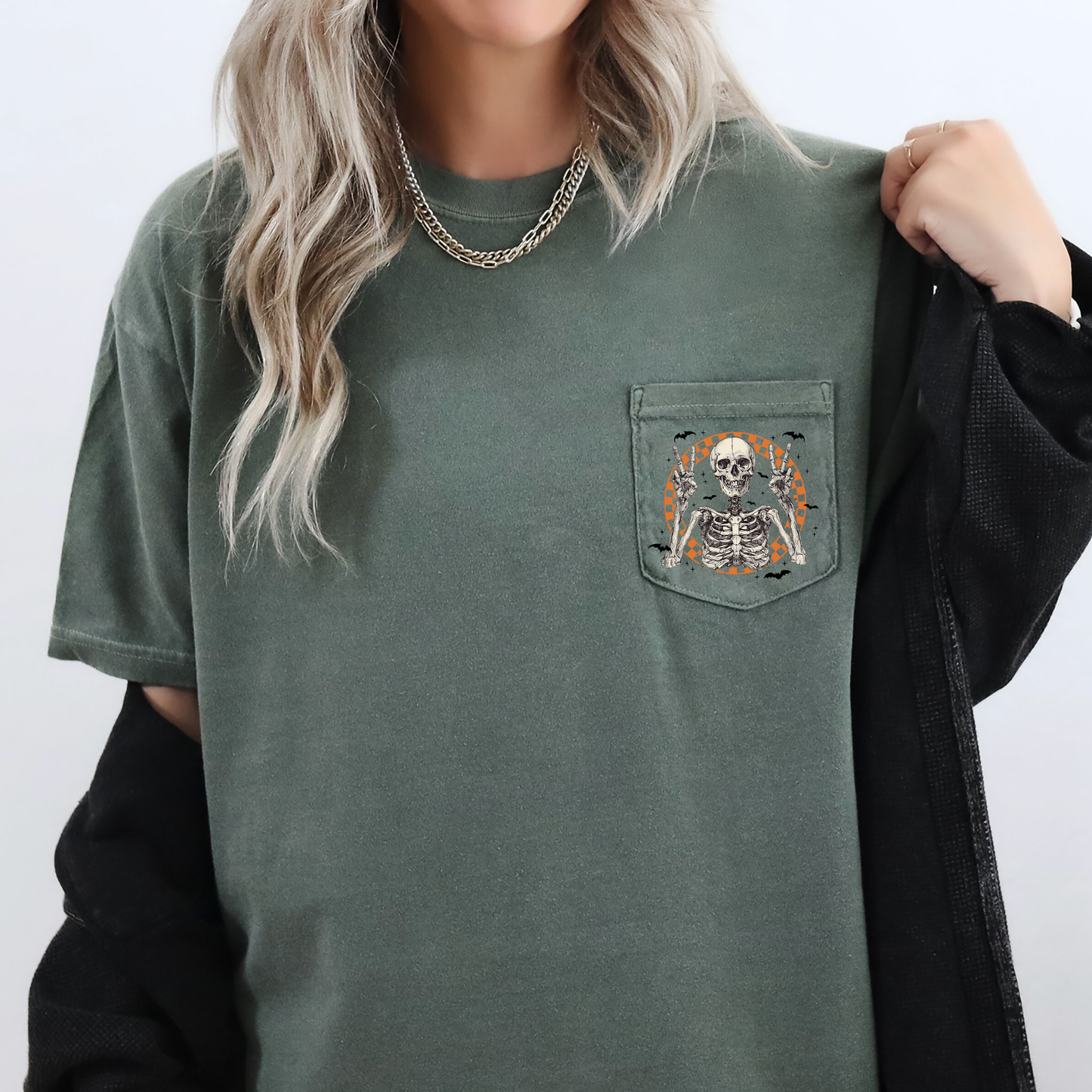 Skeleton, Peace, Checkered, Halloween, Pocket, Comfort Colors Pocket T-Shirt