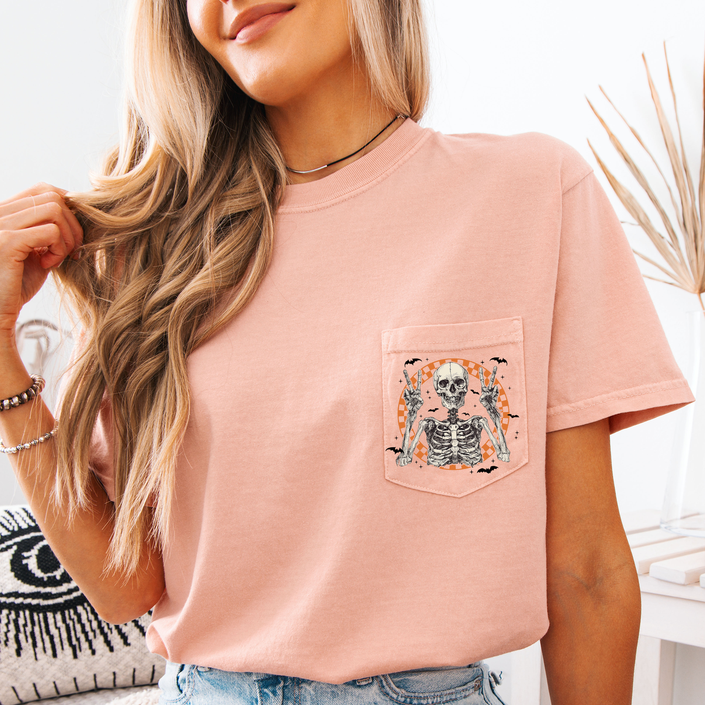 Skeleton, Peace, Checkered, Halloween, Pocket, Comfort Colors Pocket T-Shirt