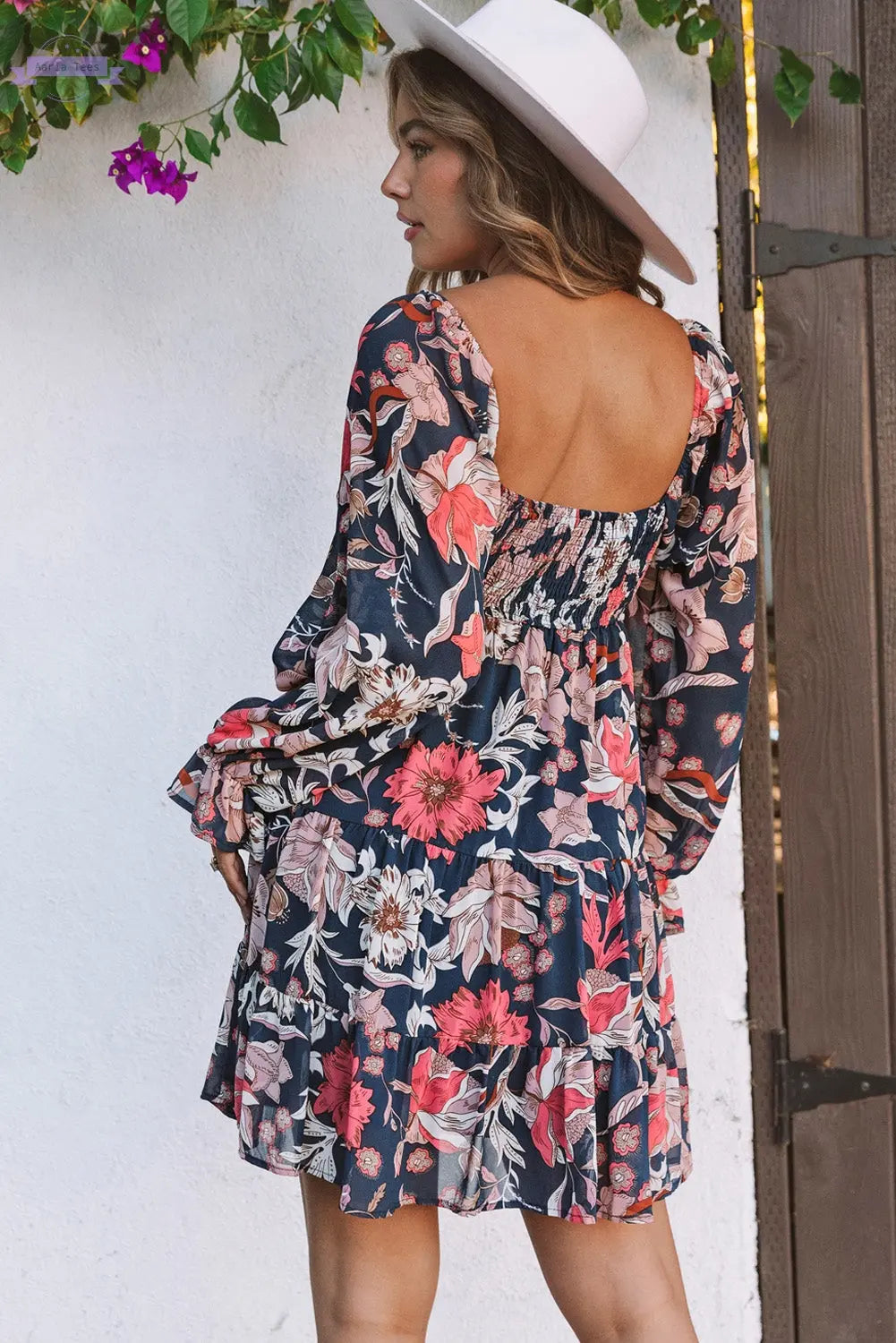 Tessa Floral Tiered Long Puff Sleeve Mini Dress Threaded Pear Aaria Tees