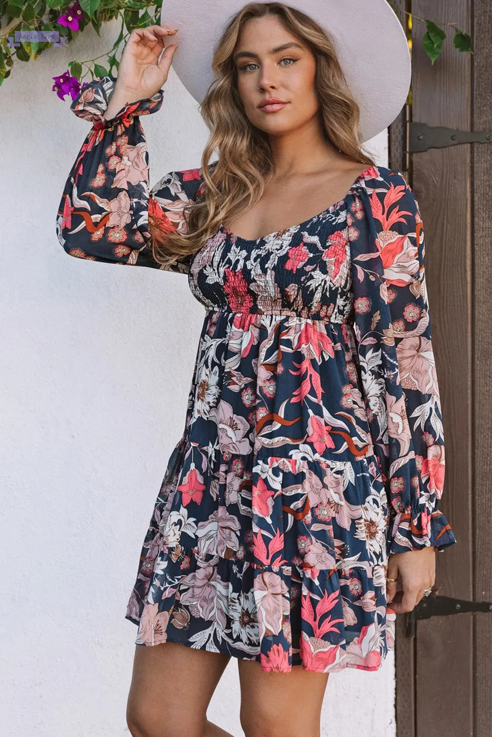 Tessa Floral Tiered Long Puff Sleeve Mini Dress Threaded Pear Aaria Tees