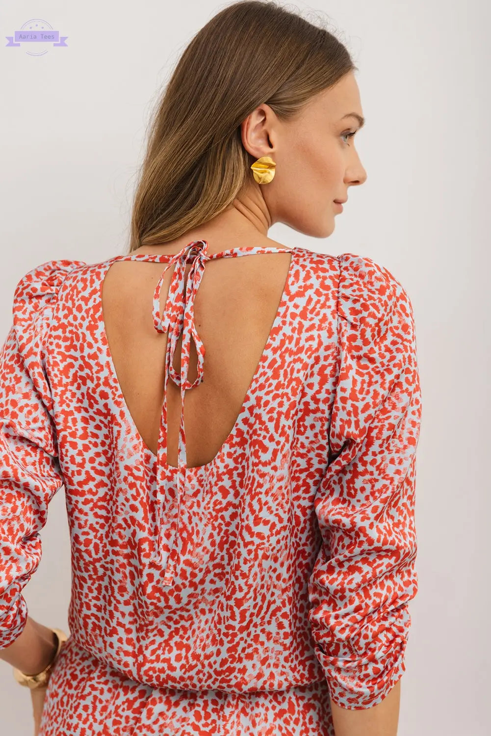 Tomato Red Leopard Print Long Sleeve Hollowed Back Split Mini Dress Aaria Tees