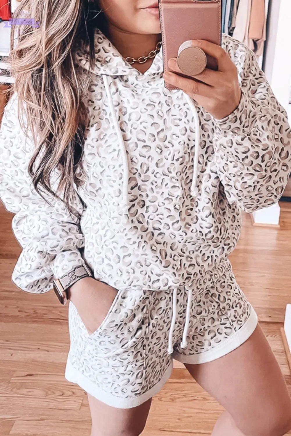 White Classic Leopard Hoodie and Shorts Set Aaria Tees
