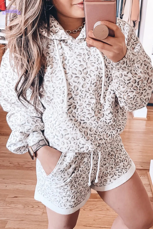 White Classic Leopard Hoodie and Shorts Set Aaria Tees