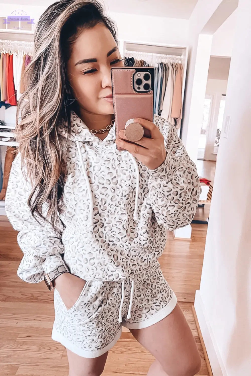 White Classic Leopard Hoodie and Shorts Set Aaria Tees