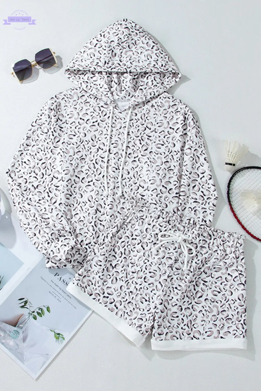 White Classic Leopard Hoodie and Shorts Set Aaria Tees