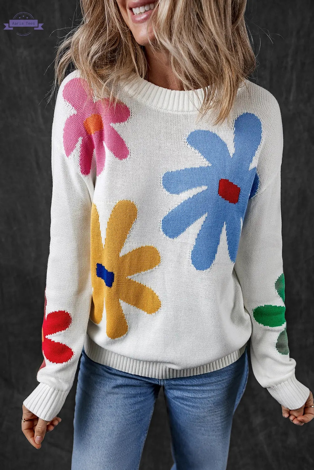 White Colorful Big Flower Pattern Crewneck Sweater - Aaria Tees Aaria Tees