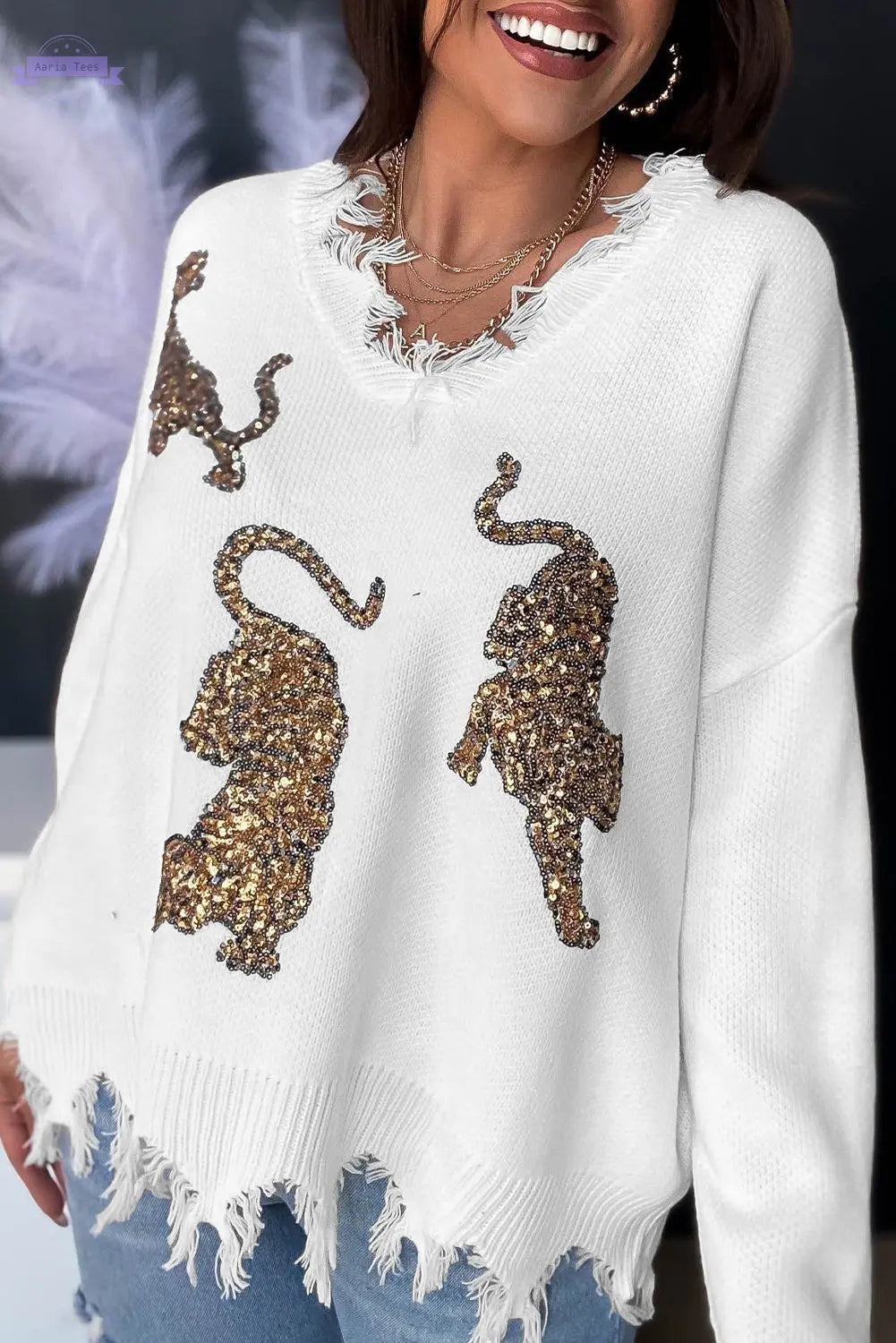 White Frayed Sequin Tiger Sweater - Aaria Tees Aaria Tees