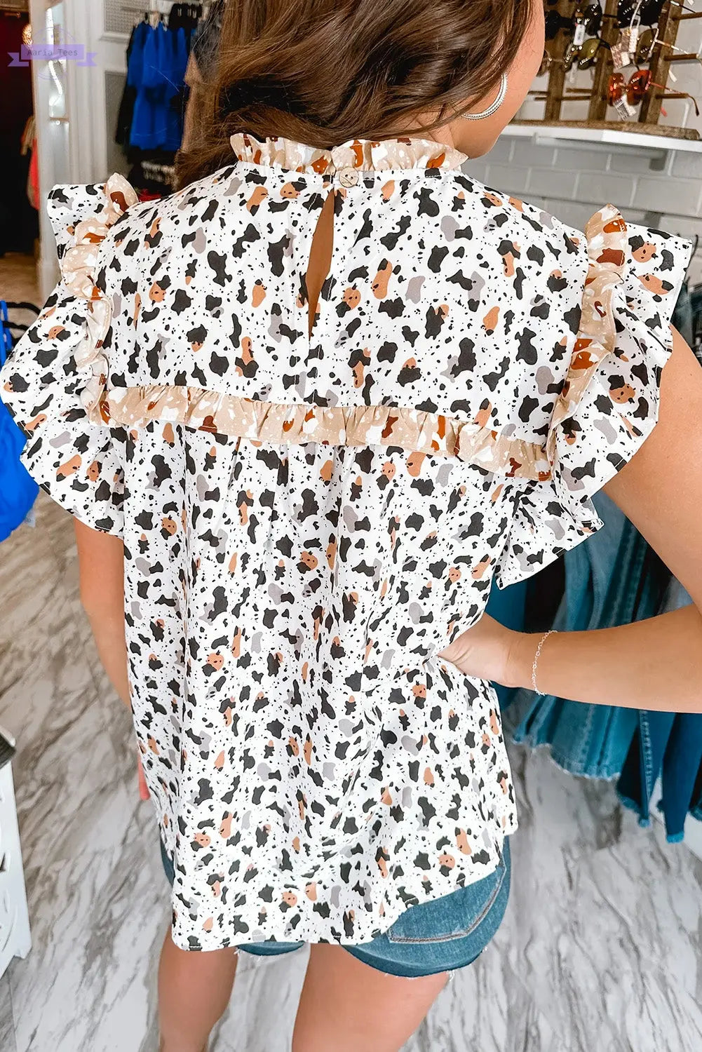 White Frilly Trim Leopard Animal Spots Blouse Aaria Tees Aaria Tees