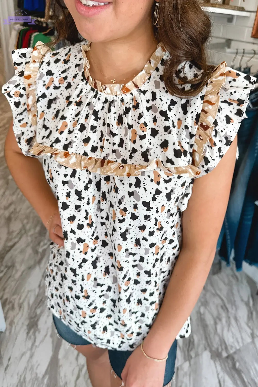 White Frilly Trim Leopard Animal Spots Blouse Aaria Tees Aaria Tees