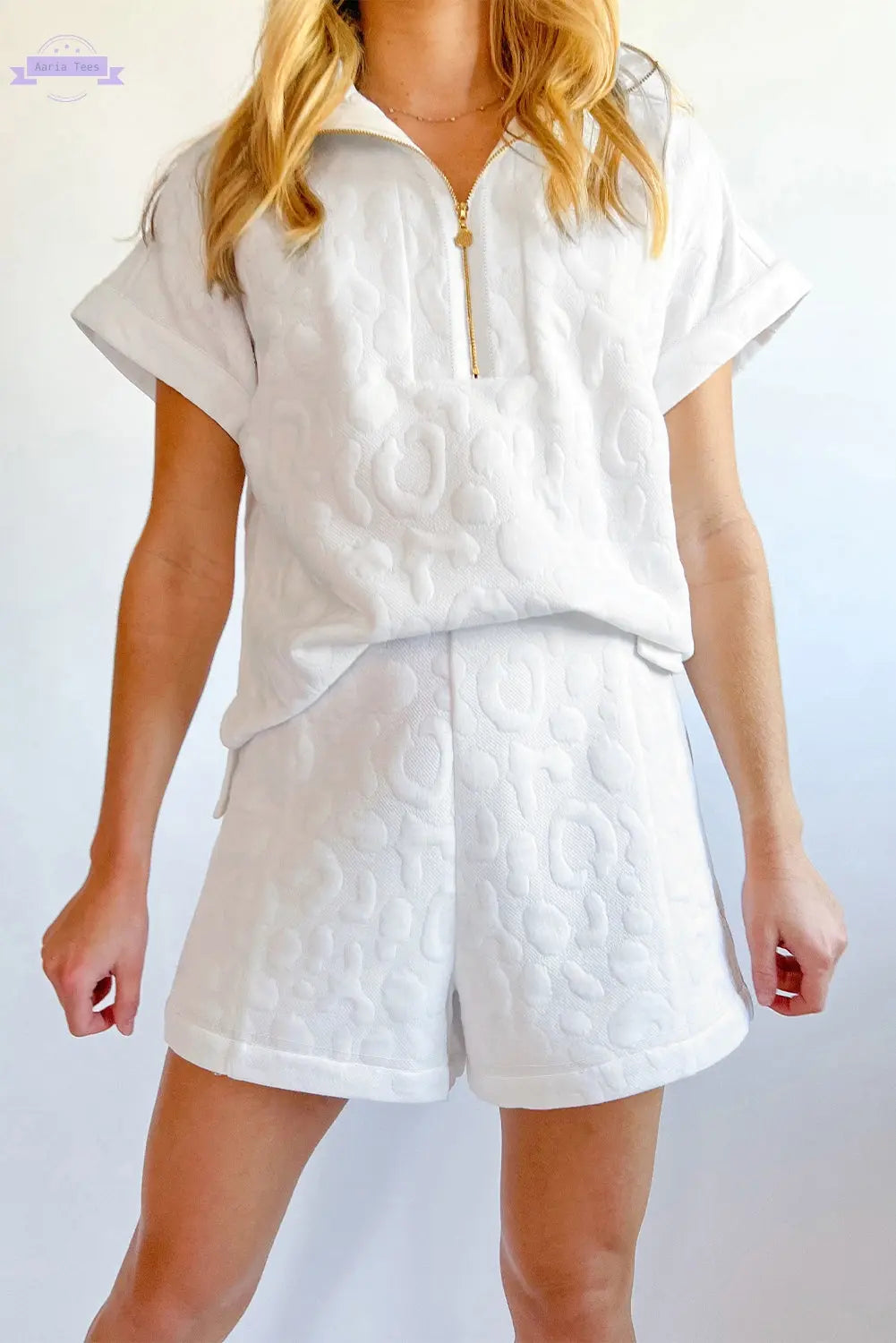 White Leopard Jacquard Quarter Zip Tee and Shorts Set Aaria Tees