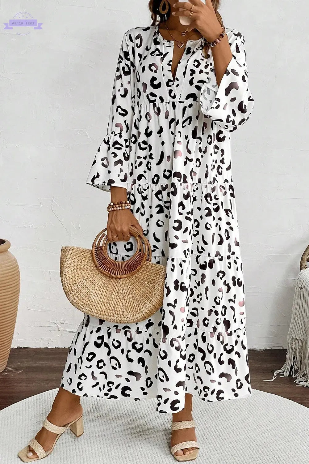 White Leopard Print Notch V Neck Loose Fit Maxi Dress Aaria Tees Aaria Tees