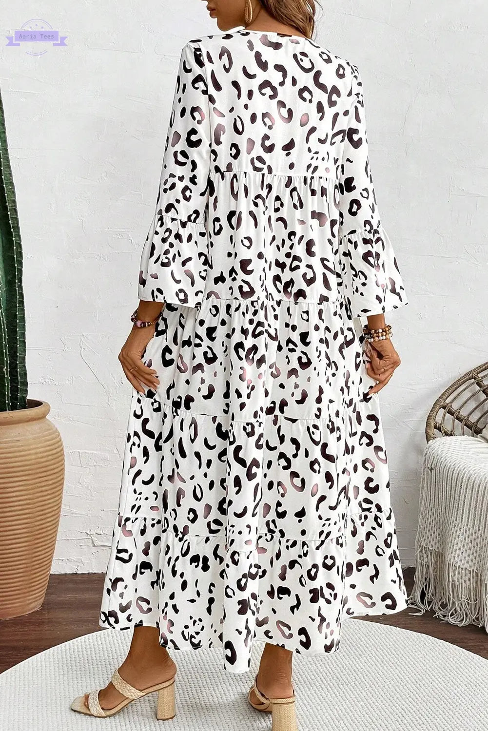 White Leopard Print Notch V Neck Loose Fit Maxi Dress Aaria Tees Aaria Tees