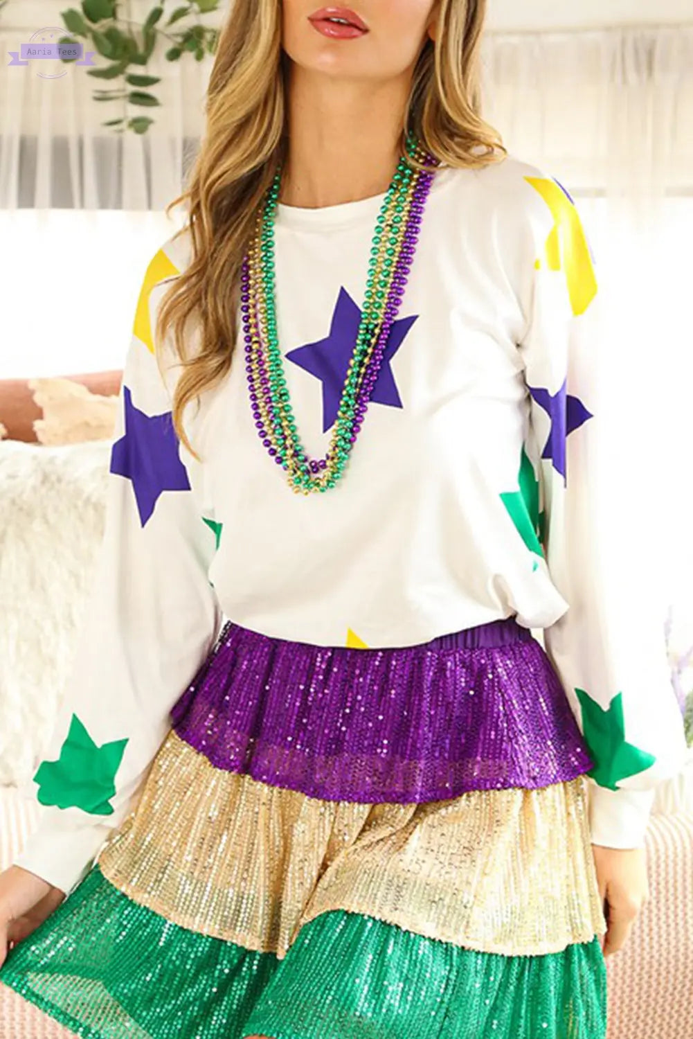 White Mardi Gras Star Printed Long Sleeve Top Aaria Tees