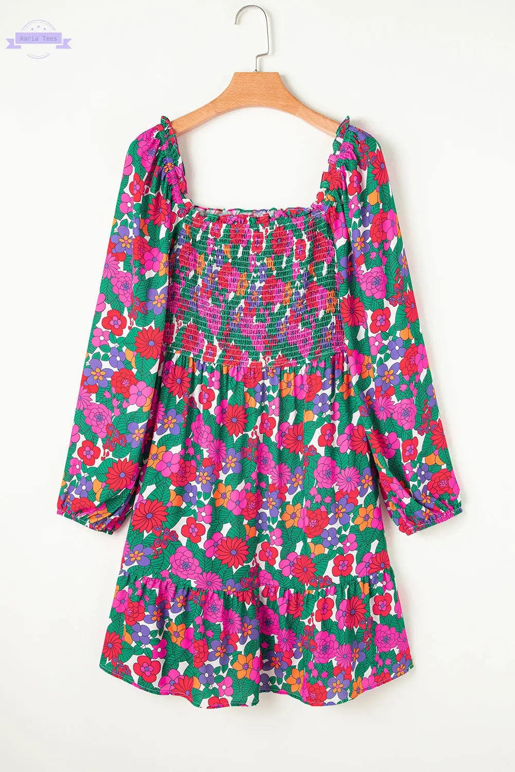 White Plus Size Floral Frilled Square Neck Shirred Long Sleeve Dress Aaria Tees