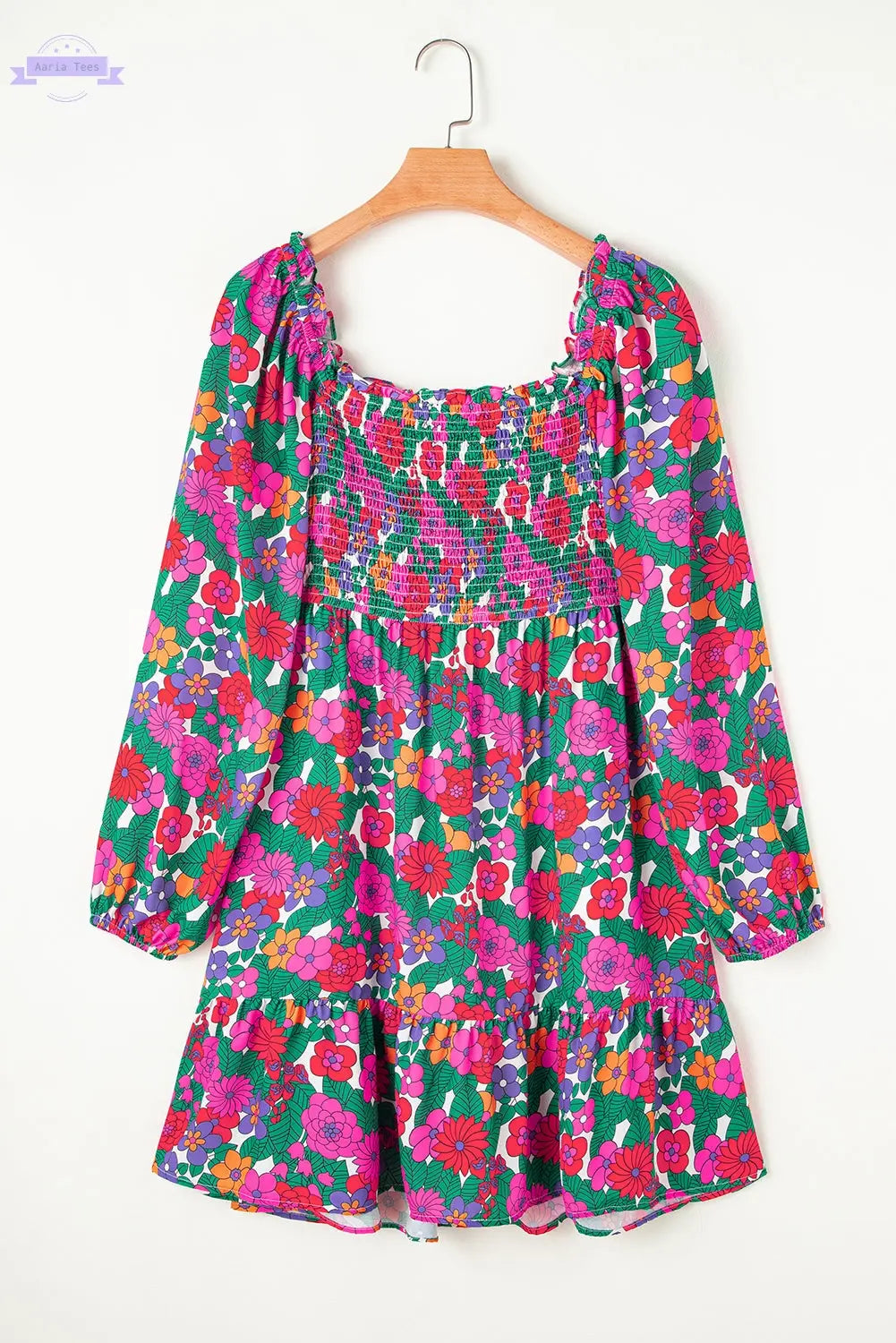 White Plus Size Floral Frilled Square Neck Shirred Long Sleeve Dress Aaria Tees