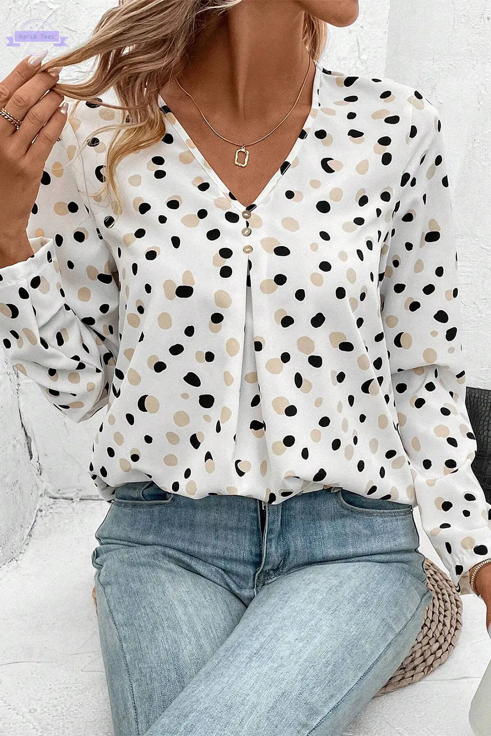 White Polka Dot Print Button Front V Neck Blouse Aaria Tees Aaria Tees