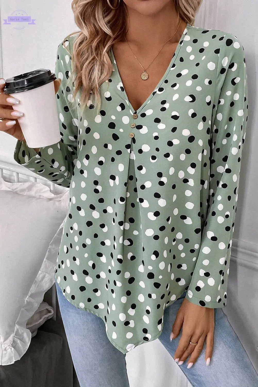 White Polka Dot Print Button Front V Neck Blouse Aaria Tees Aaria Tees