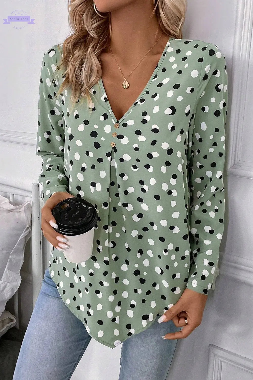 White Polka Dot Print Button Front V Neck Blouse Aaria Tees Aaria Tees
