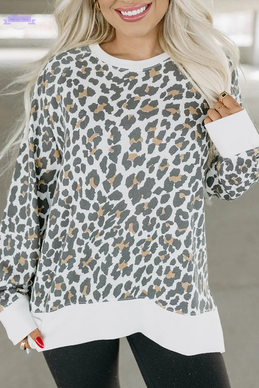White Printed Solid Trim Leopard Print Top Aaria Tees