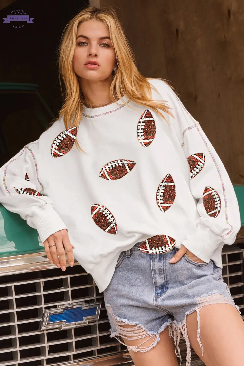 White Sequin Rugby Football Pattern Exposed Seam Game Day Sweatshirt Aaria Tees