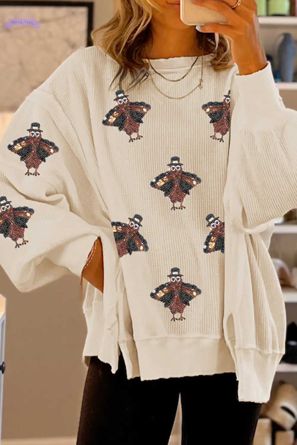 White Thanksgiving Turkey Waffle Oversized Knit Top - Aaria Tees Aaria Tees