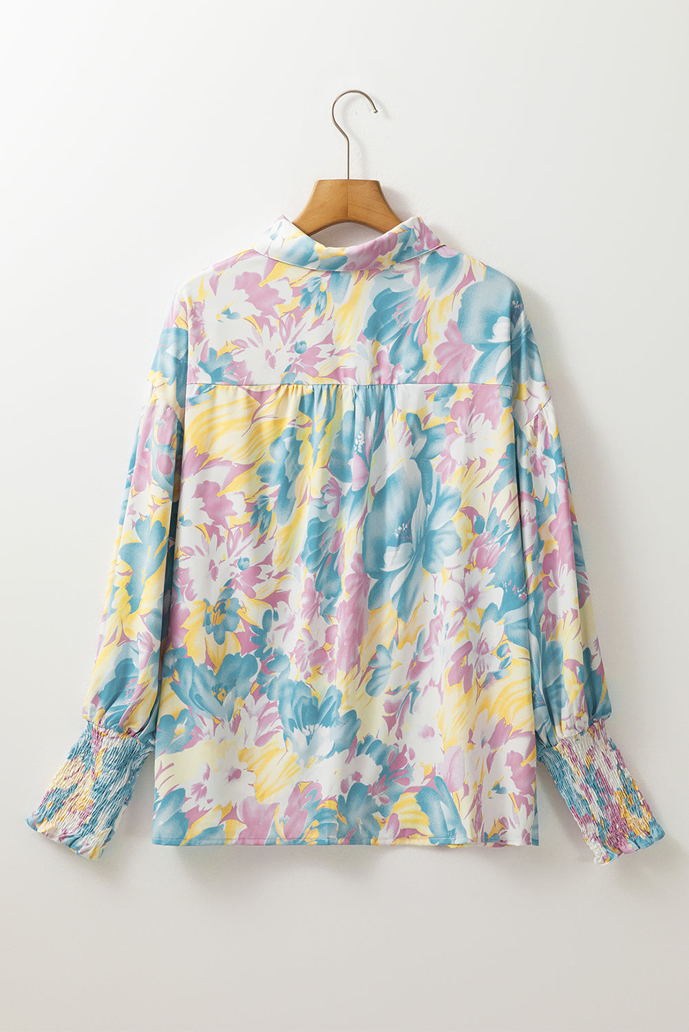 Yellow Floral Allover Print Shirred Cuff Oversized Shirt - Aaria Tees
