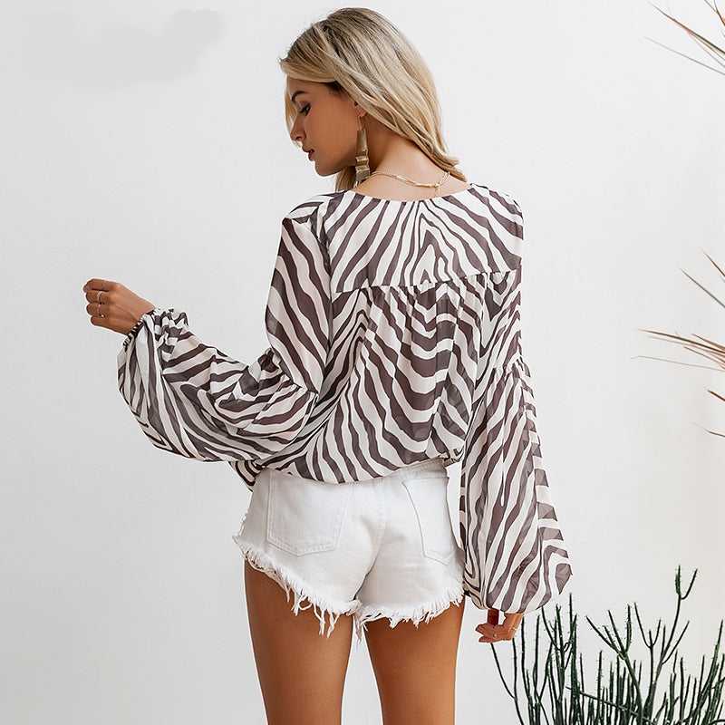 Zebra Printed Stripe Blouse Classic Lantern Sleeve Autumn Winter Clothing - Aaria Tees