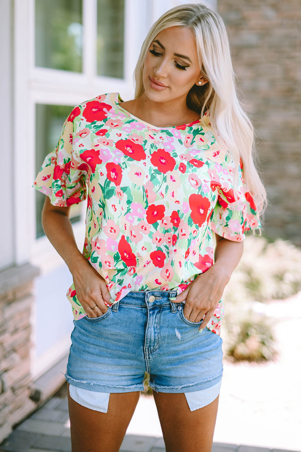 Fiery Red Floral Print Ruffled Short Sleeve V Neck Blouse Aaria Tees