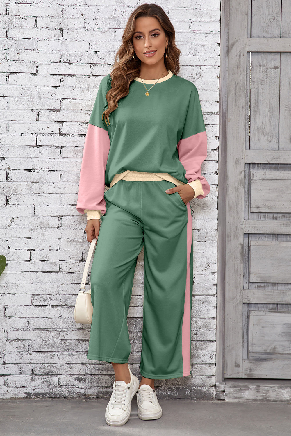 Light Pink 2pcs Color Block Pullover Loose Pant Set