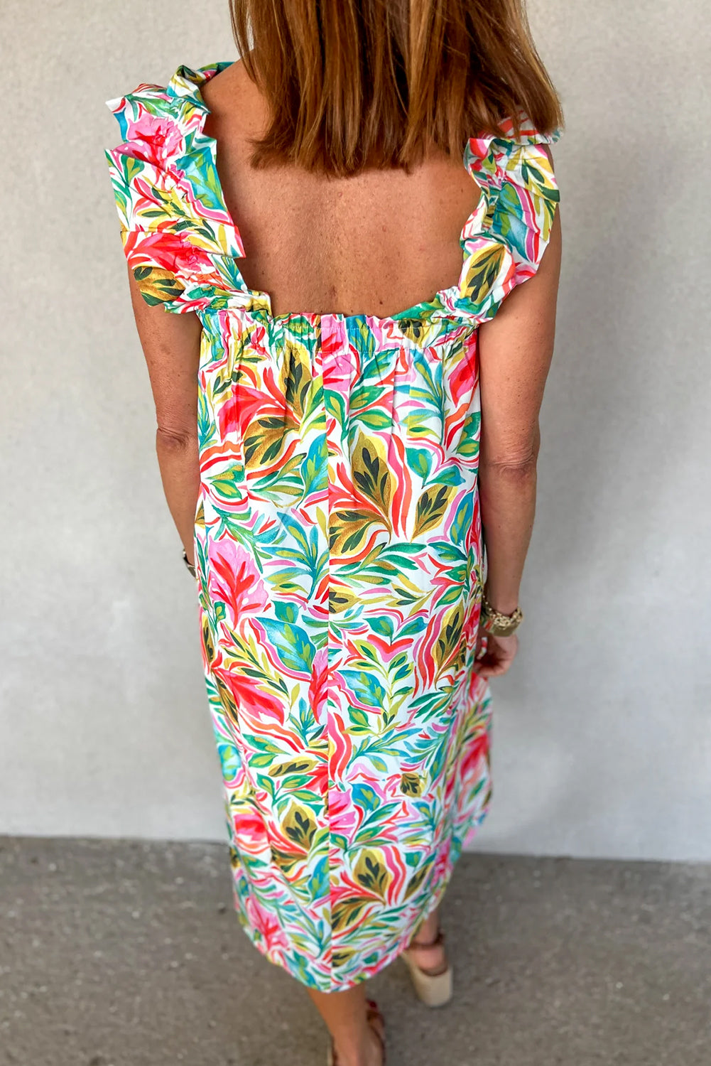White Floral Print Ruffled Sleeveless Midi Dress Aaria Tees