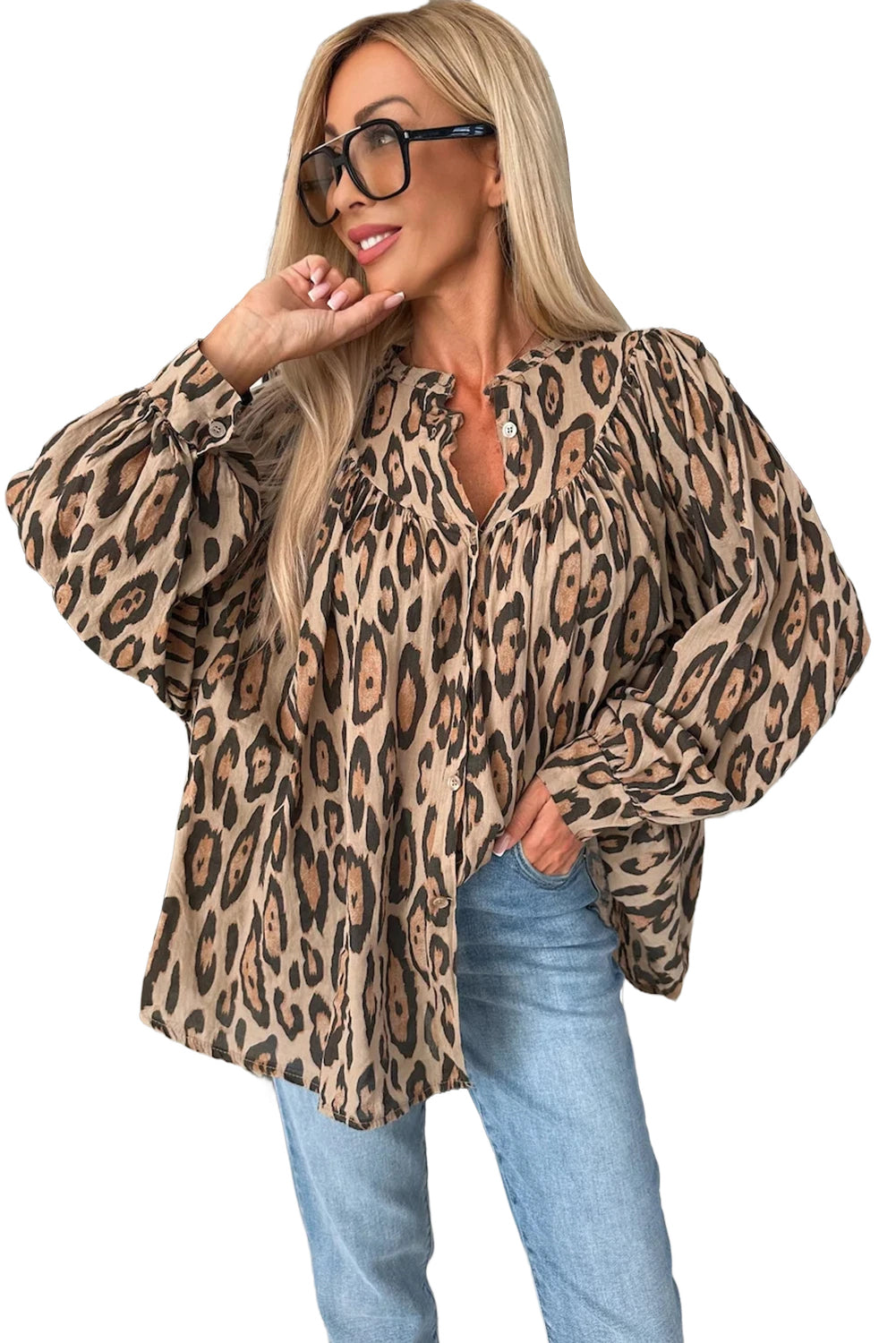 Jet Stream Oversized Leopard Print Balloon Sleeve Casual Shirt - Aaria Tees