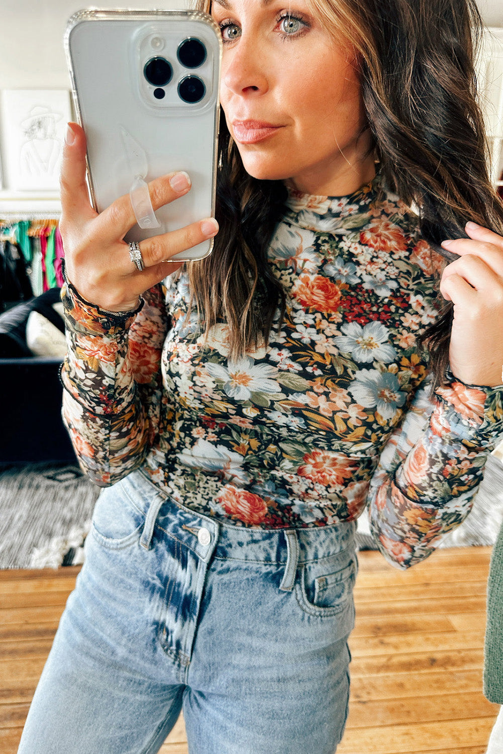 Brown Floral Long Sleeve High Neck Sheath Mesh Blouse Aaria Tees Aaria Tees